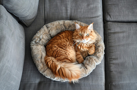 Top view of cute red cat lying on soft dog bed in home interior, an Animal Photo by AlyaAnd