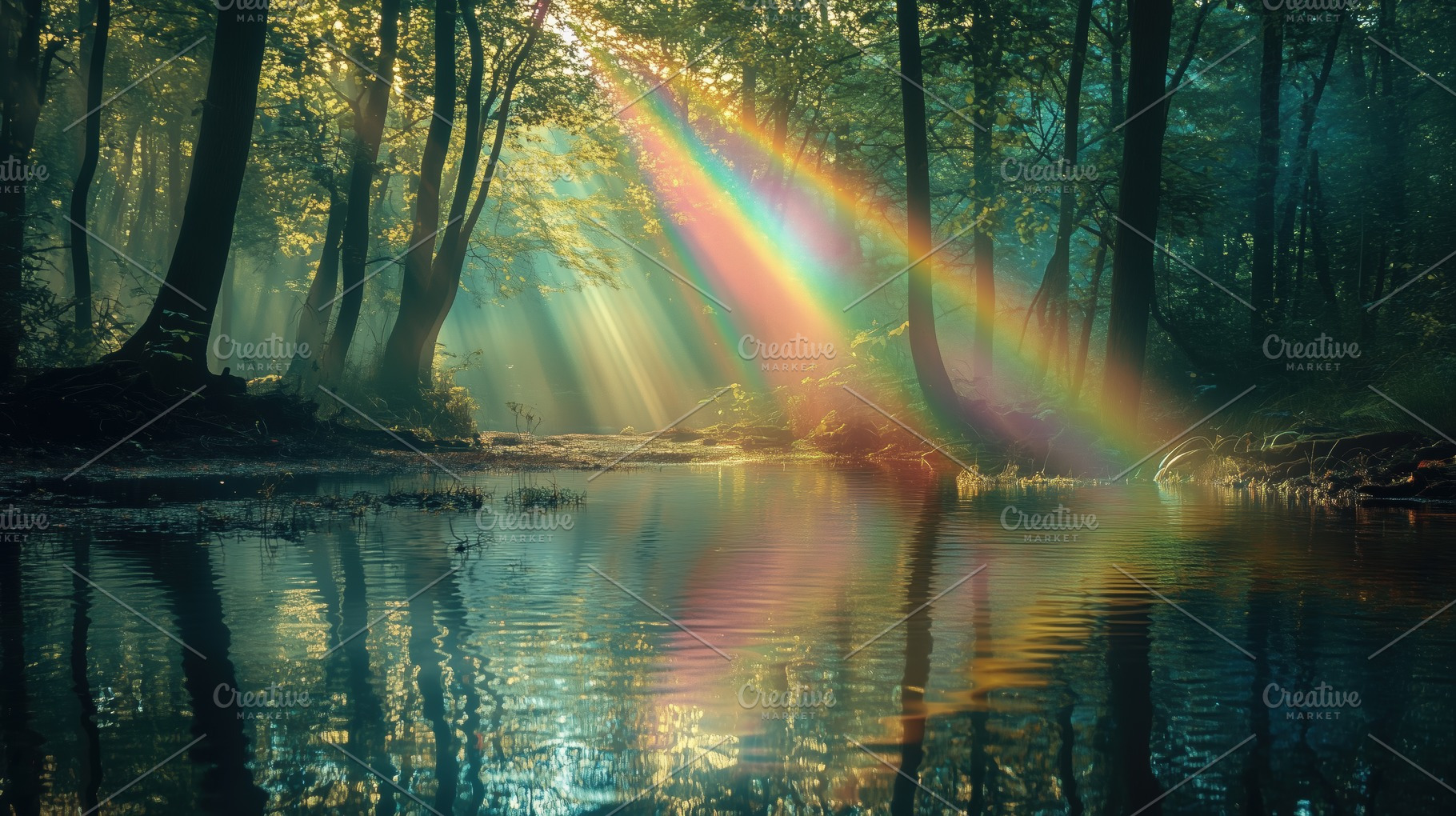A serene forest scene with sunlight streaming through trees, creating rainbow r, a Photo by Textures & Backgrounds