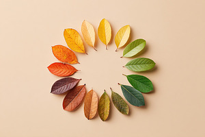 Color palette mockup showcasing an arrangement of vibrant leaves in circular de, a Nature Photo by AlyaAnd