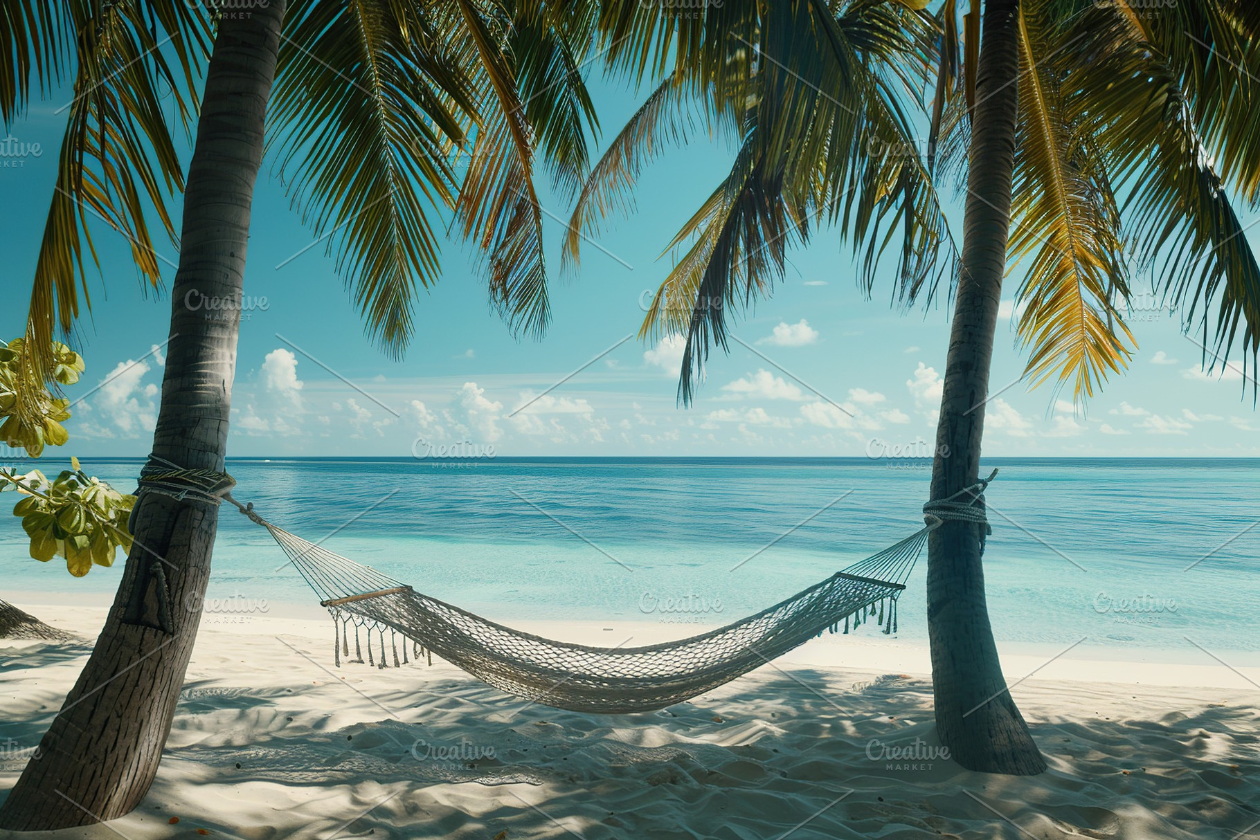 Beach hammock hanging between palm trees, a Photo by AlyaAnd