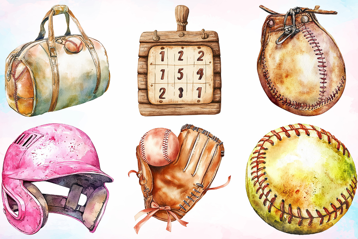 Watercolor Vintage Softball Clipart, a Seasonal Illustration by Canvas Craft (Photo 2 of 3)