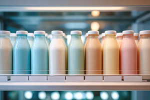 Colorful milk bottles in a refrigerator, a Food & Drink Photo by AlyaAnd
