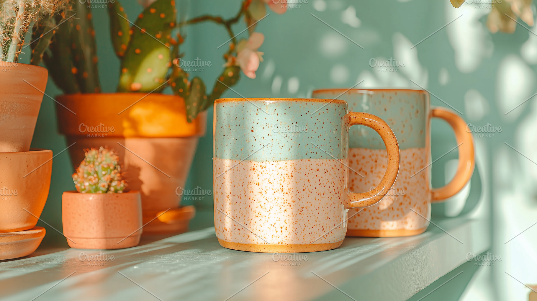 A pair of beige  ceramic coffee mugs, an Abstract Photo by Imaginarium