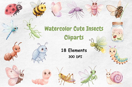 Watercolor Cute Insects Clipart