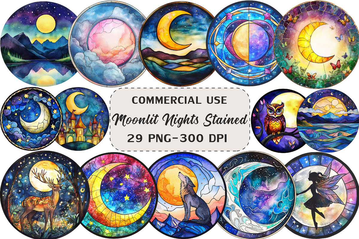 Moonlit Nights Stained Glass Clipart, an Illustration by Craft Nest (Photo 1 of 6)