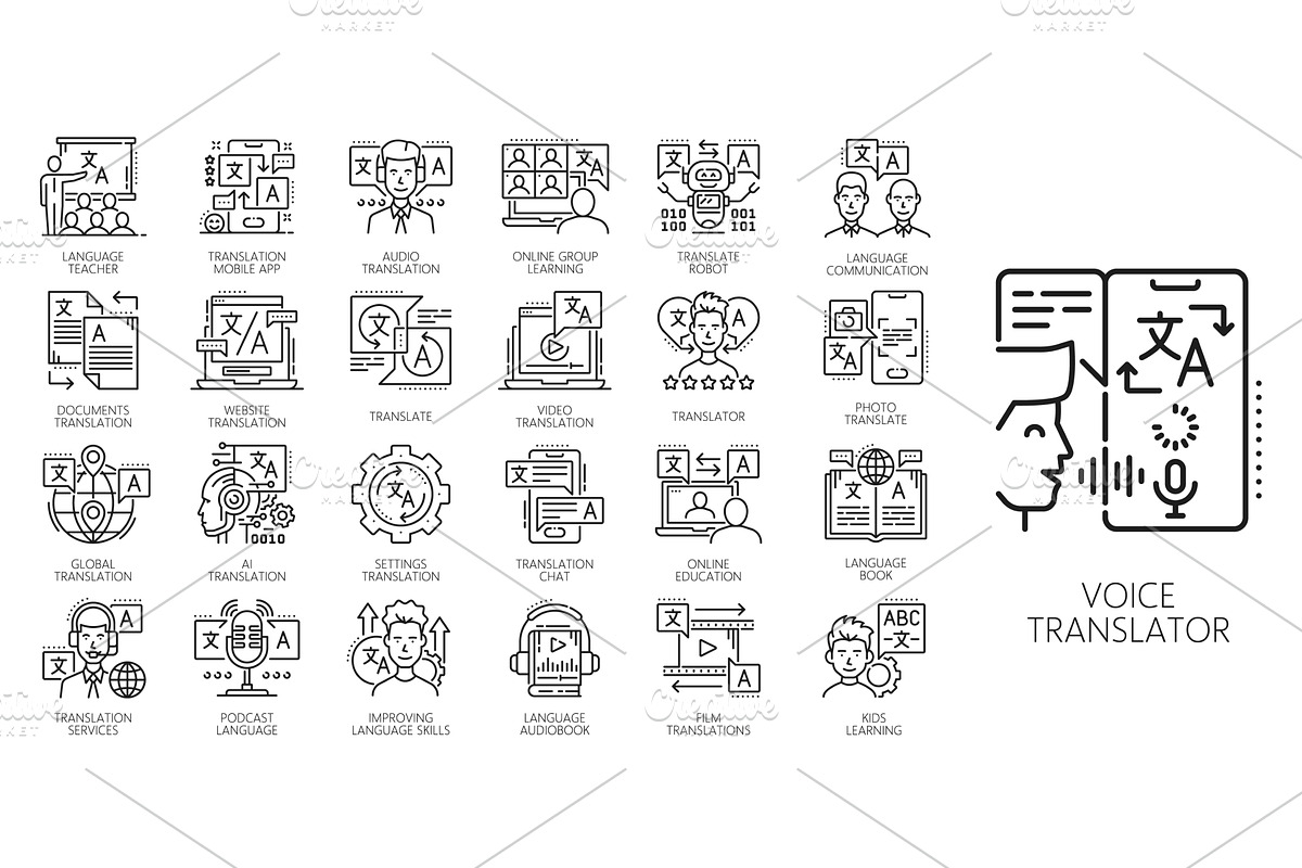 English language translation icons, an Education Illustration by Vector ...