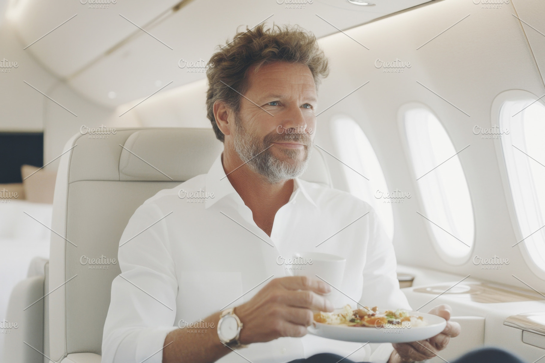 Man enjoying meal on airplane in bus, a Photo by Dvoevnore photos