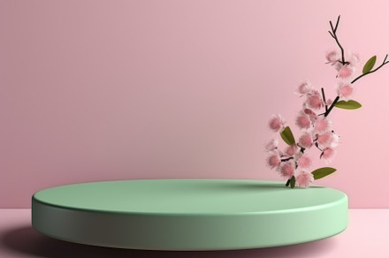 Fresh lush pink sakura flowers on branch with cylinder podium mockup in soft li, an Abstract Photo by Natalia Klenova's Shop
