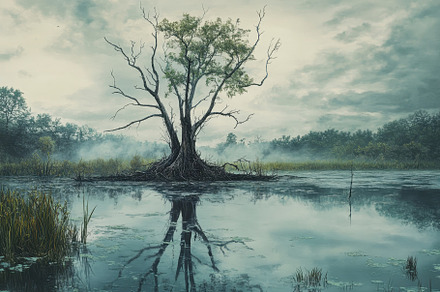 A solitary tree rises from the marsh, a Photo by Tanuart