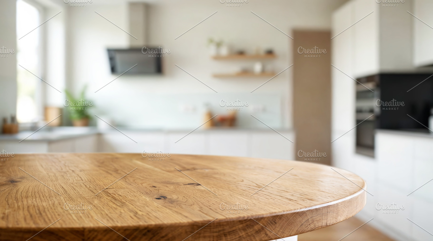 Empty round wooden oak table top, a Food & Drink Photo by Volff