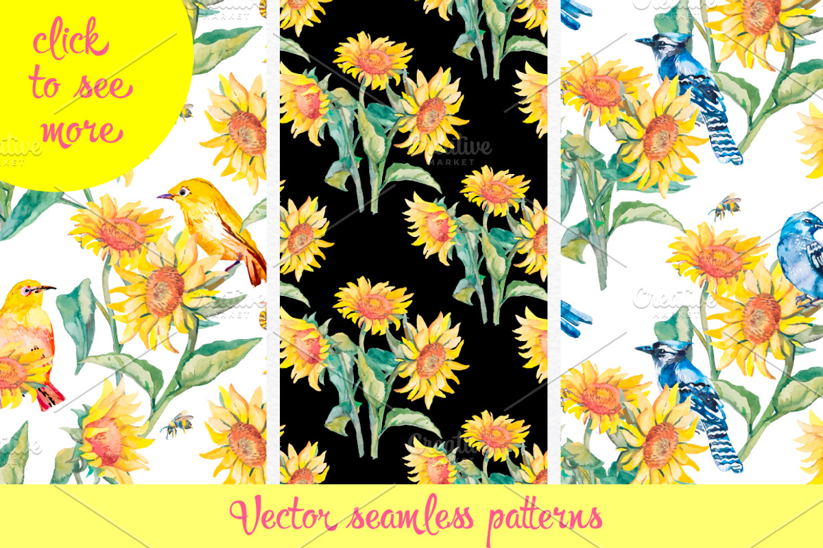 Watercolor sunflower patterns, an Illustration by Elizaveta (Photo 3 of 5)