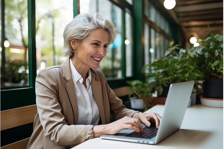 Smiling businesswoman working on, a Technology Photo by Ylivdesign