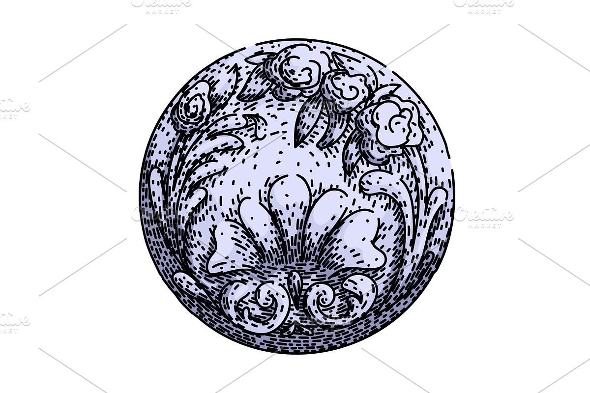 antique ornate metal button sketch, an Illustration by pikepicture