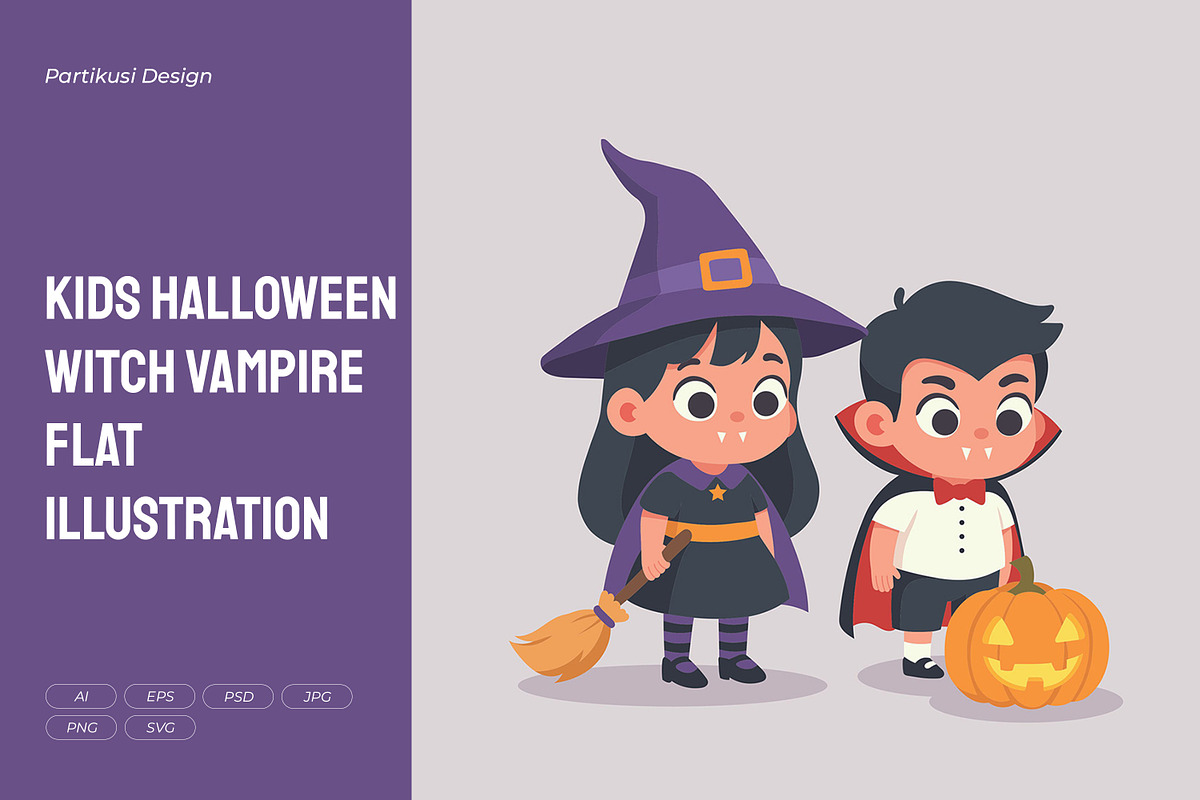 Kids Halloween Witch Vampire Flat, a Seasonal Illustration by Partikusi Design (Photo 1 of 3)