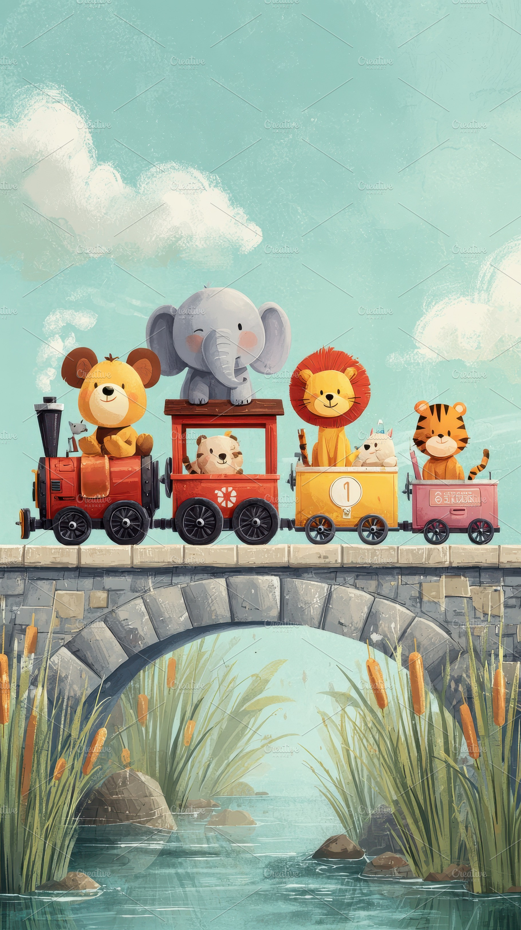 Adorable animal friends ride a train, a Photo by Pixeness Studio