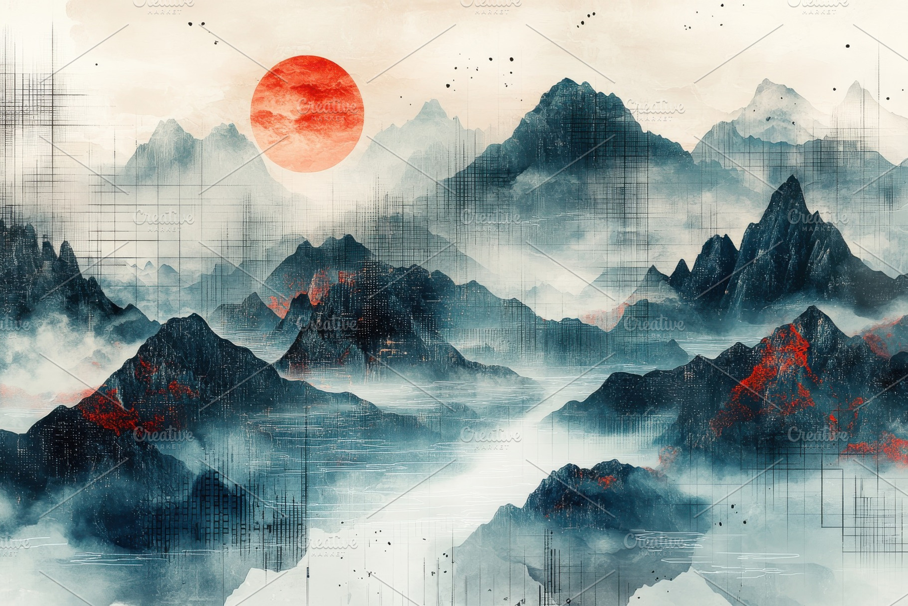Serene Mountain Landscape Red Sun Ab, a Photo by Pixeness Studio