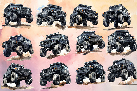 cartoon  jeep watercolor bundle, an Object Graphic by Pixxel_Studio