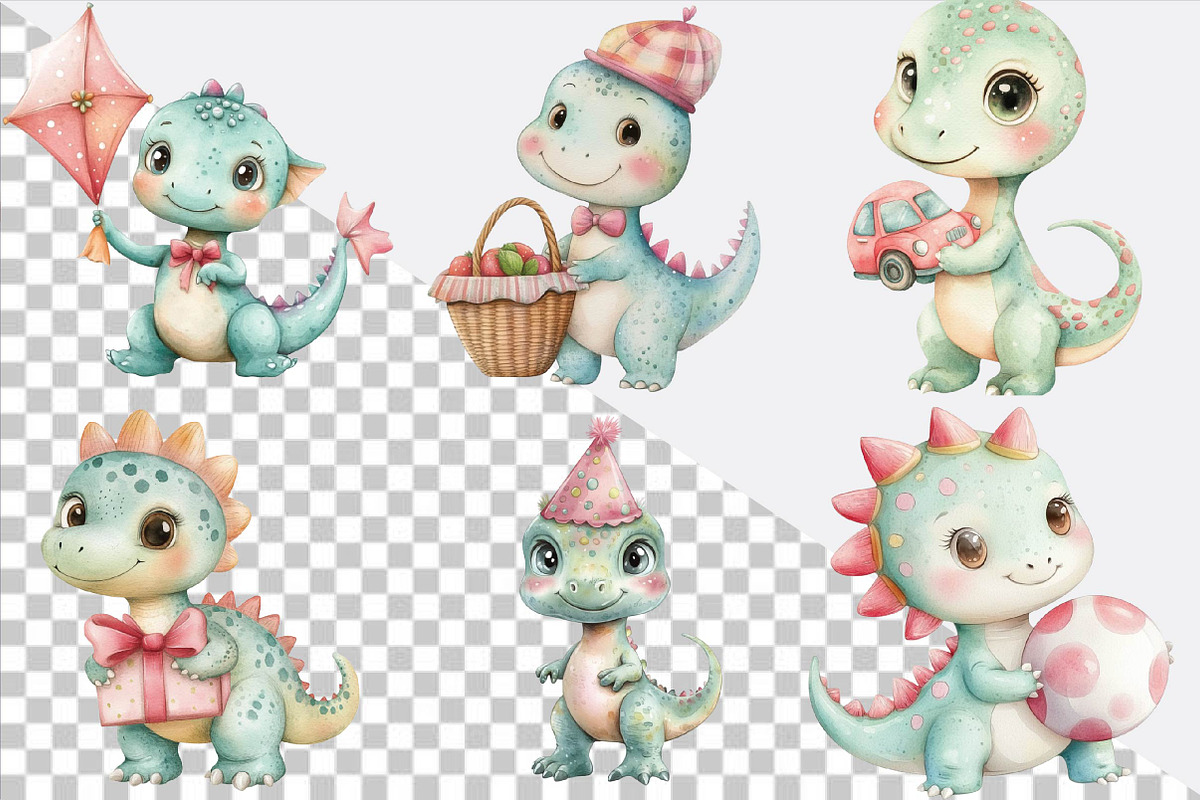 Cute Watercolor Dinosaur Clipart Bu, an Illustration by SVGArt (Photo 2 of 9)