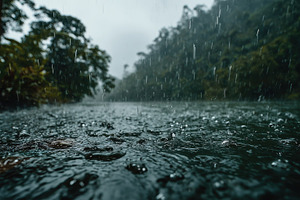 Rain falling on a river in a lush fo, a Photo by Pixeness Studio