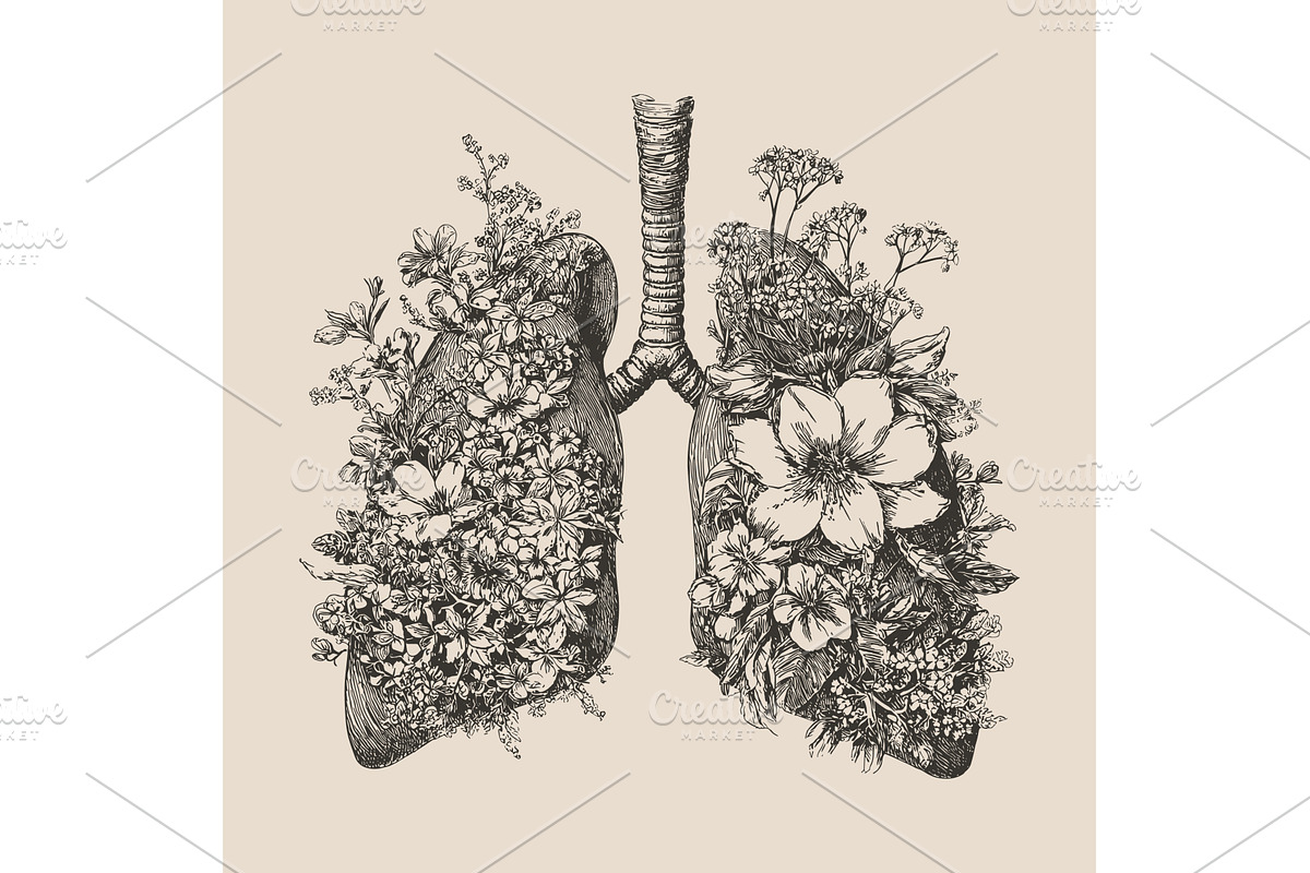 Human lungs in blooming flowers, a Healthcare Illustration by Valerie Bodnar