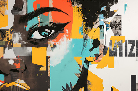 A vibrant mural featuring a close-up of a woman's face, showcasing bold colors, a Wallpaper Graphic by Textures & Backgrounds