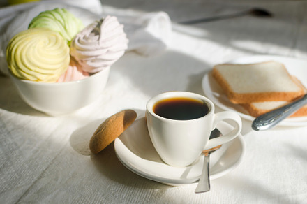Breakfast with coffee, sweets and toast., a Food & Drink Photo by vimart