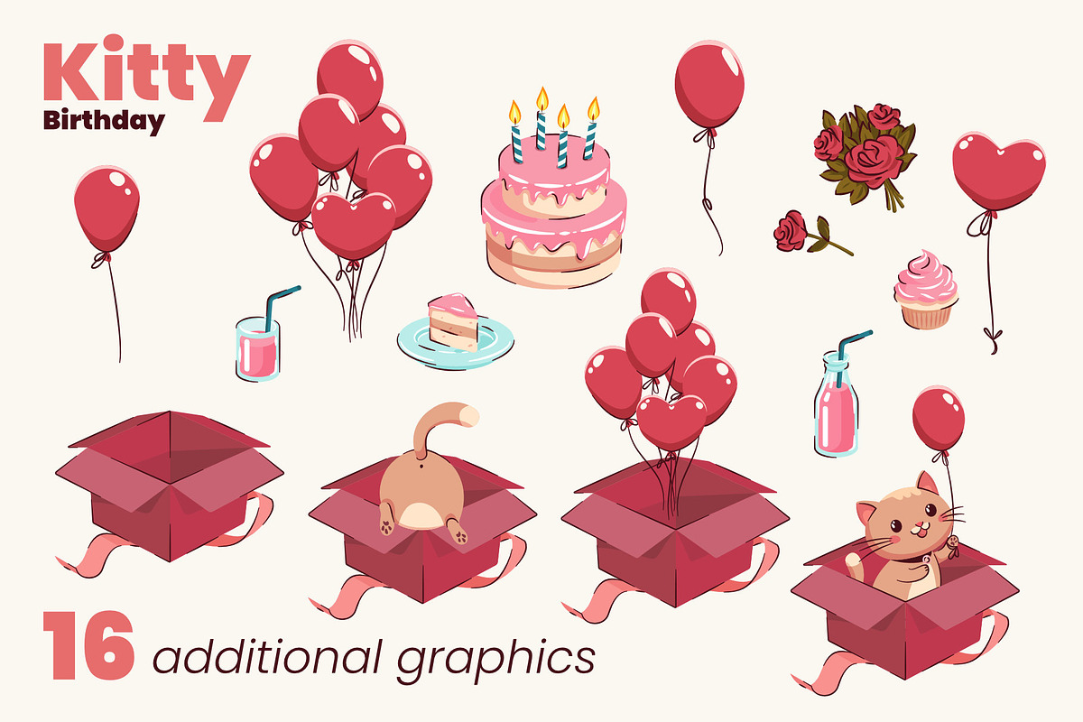 Kitty Birthday collection, an Animal Illustration by moja doodle (Photo 3 of 4)