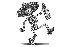 Dancing skeleton with tequila and, an Illustration by AlexArt