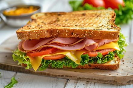 Toast sandwich with cheese, turkey ham, tomato and fresh lettuce on wooden back, a Food & Drink Photo by AlyaAnd