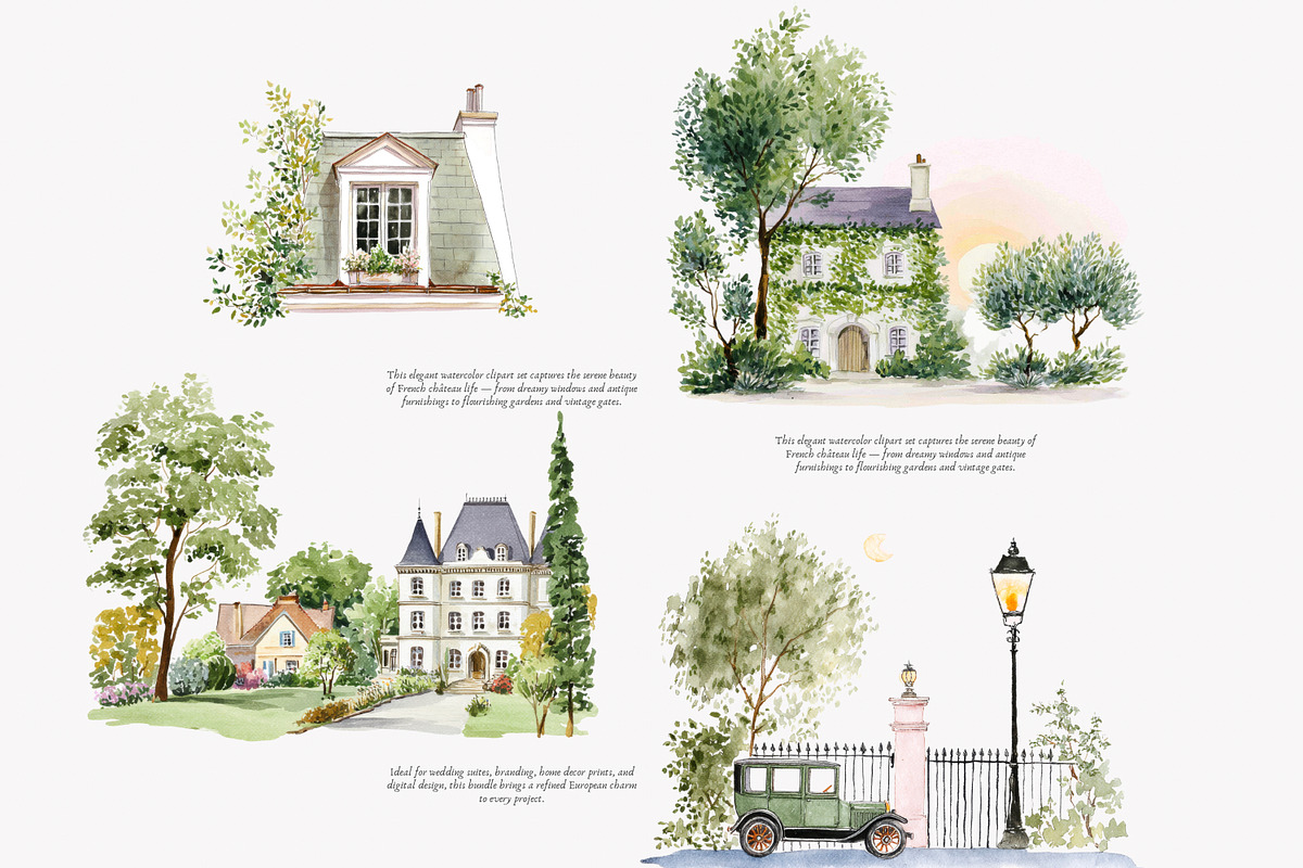 French Château watercolor clipart, a Decorative Illustration by Patishop Art (Photo 7 of 10)
