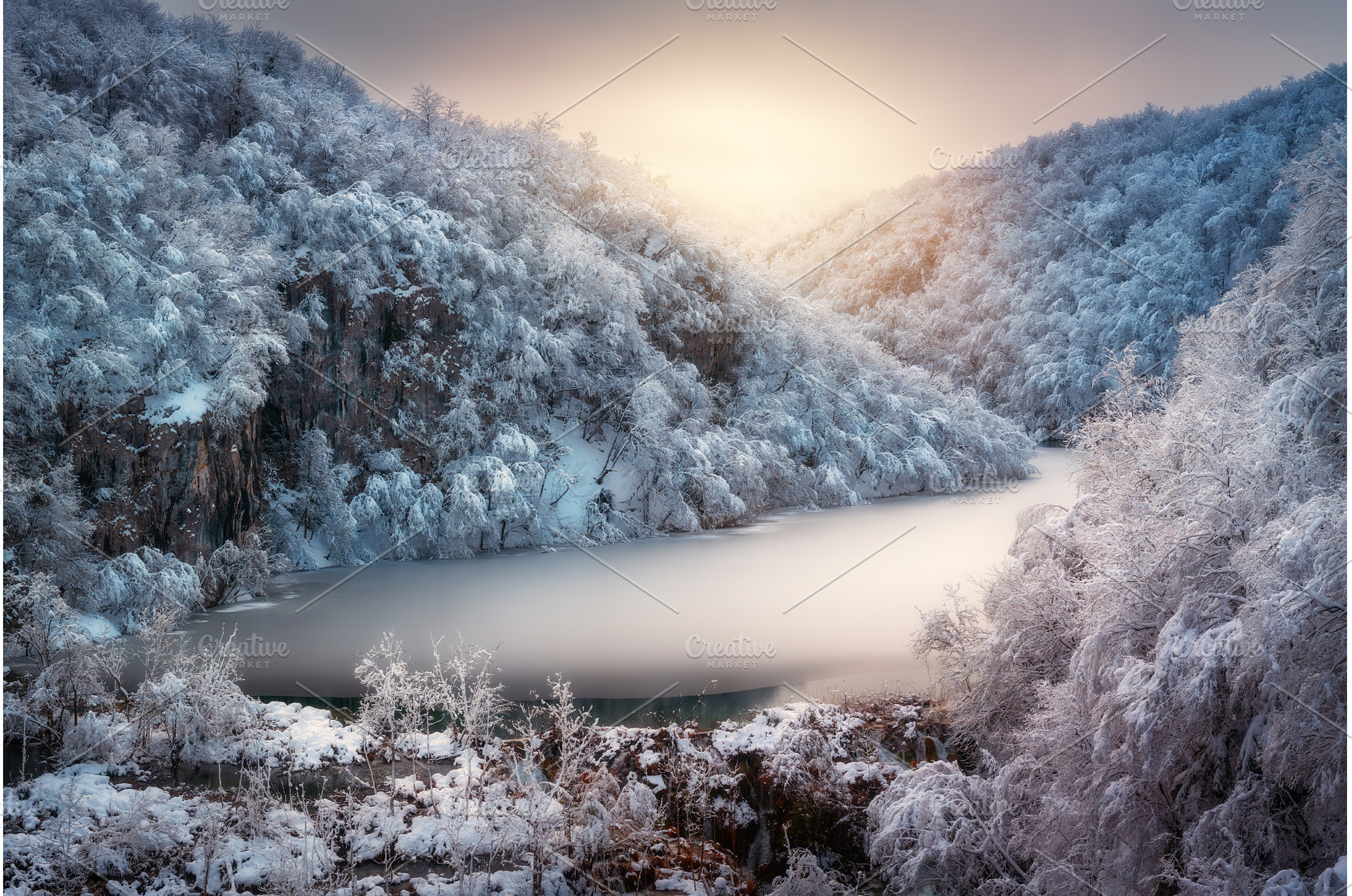 Scenic view of frozen ice lake and, a Nature Photo by den-belitsky