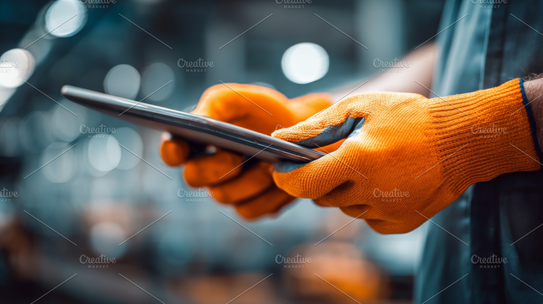 A person wearing orange gloves checks a tablet, focused in a bustling industria, a Business Photo by ImageMir