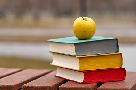 Yellow apple resting on top of books, a School & Education Photo by Elena Vagengeim