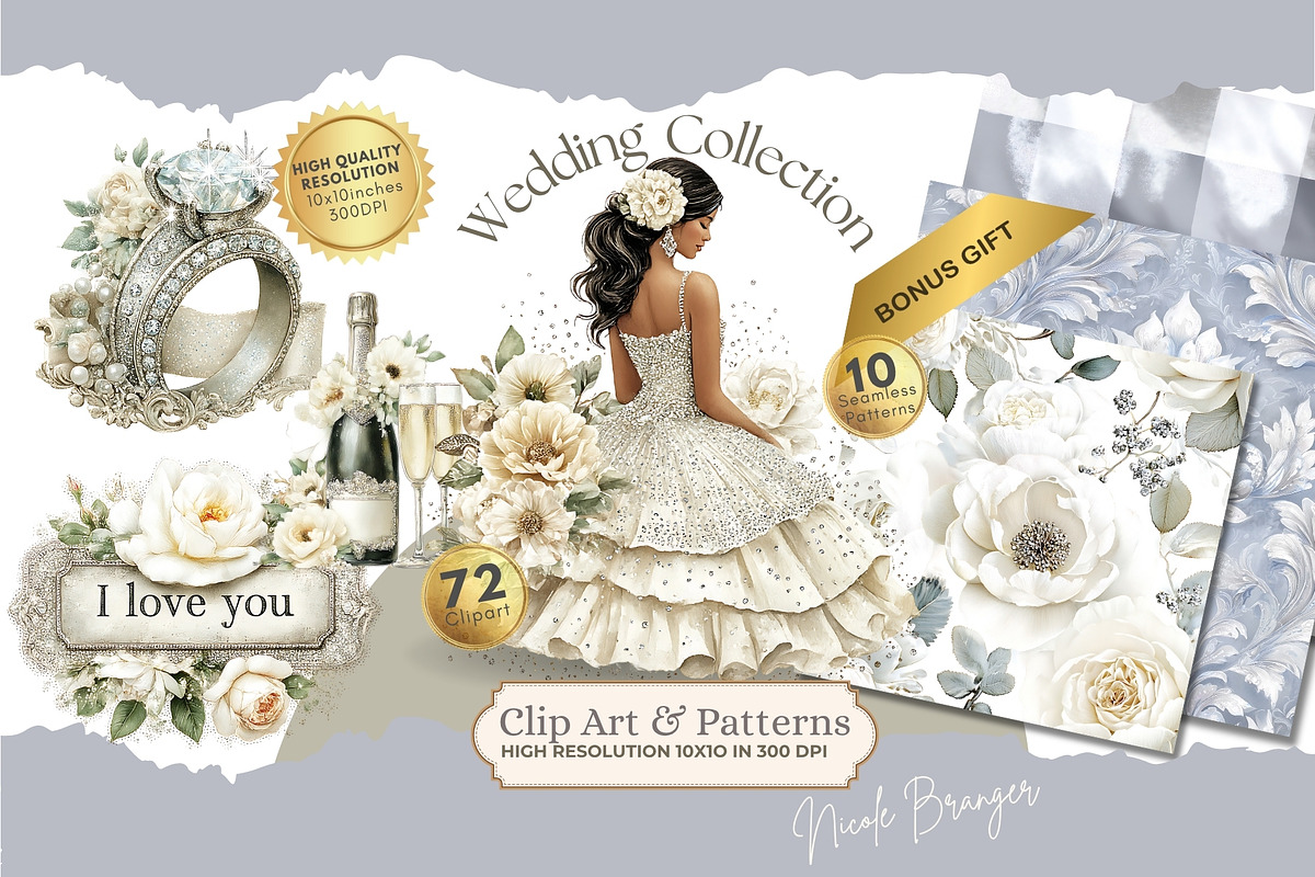 Elegant Watercolor Wedding Clipart, a Decorative Illustration by Nicole Branger Art (Photo 1 of 22)