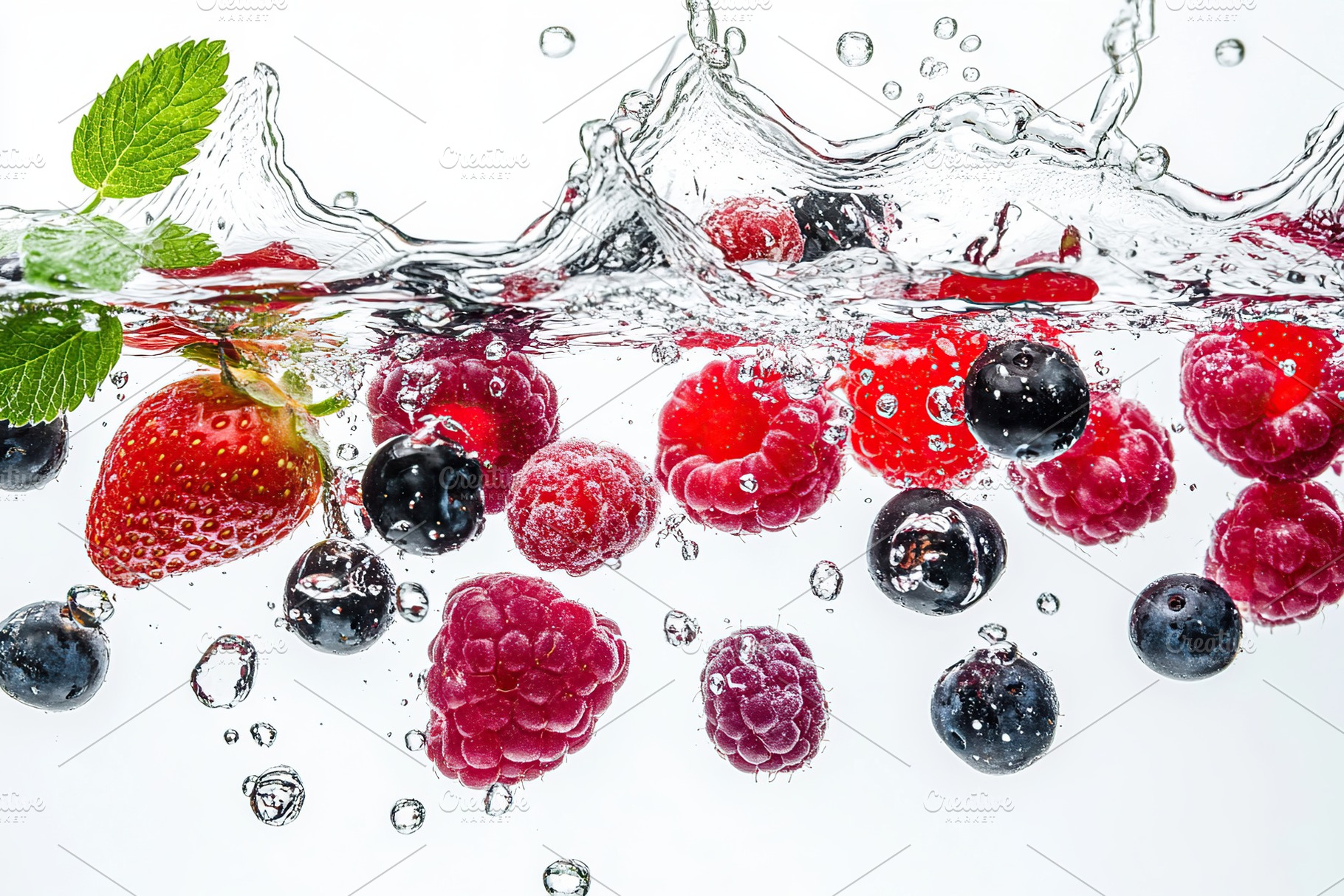 Different berries falling into water on white background, a Food & Drink Photo by AlyaAnd