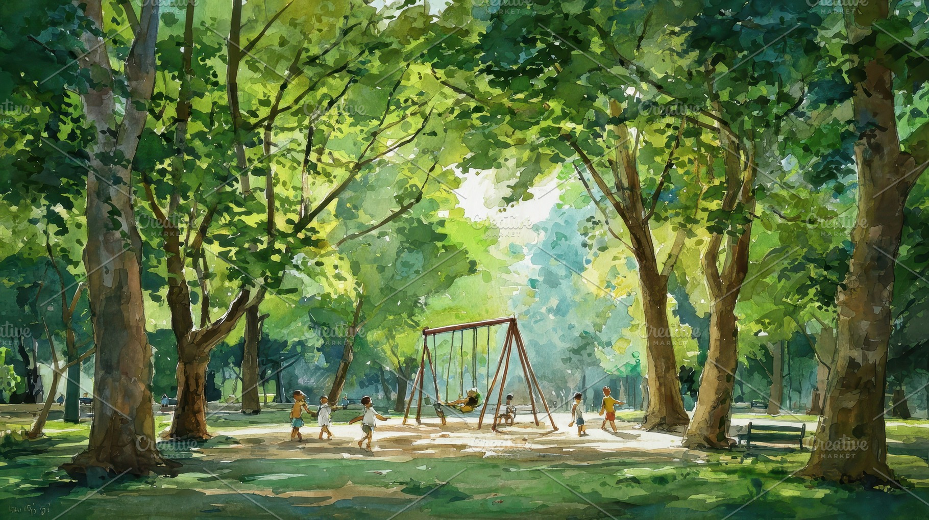 Children play in a park with swings, a Photo by Pavel_design