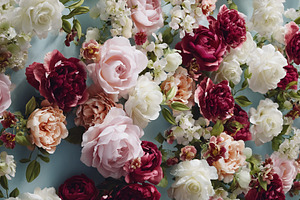 Floral pattern featuring blooming roses and peonies on light blu, a Photo by Studio ANNA