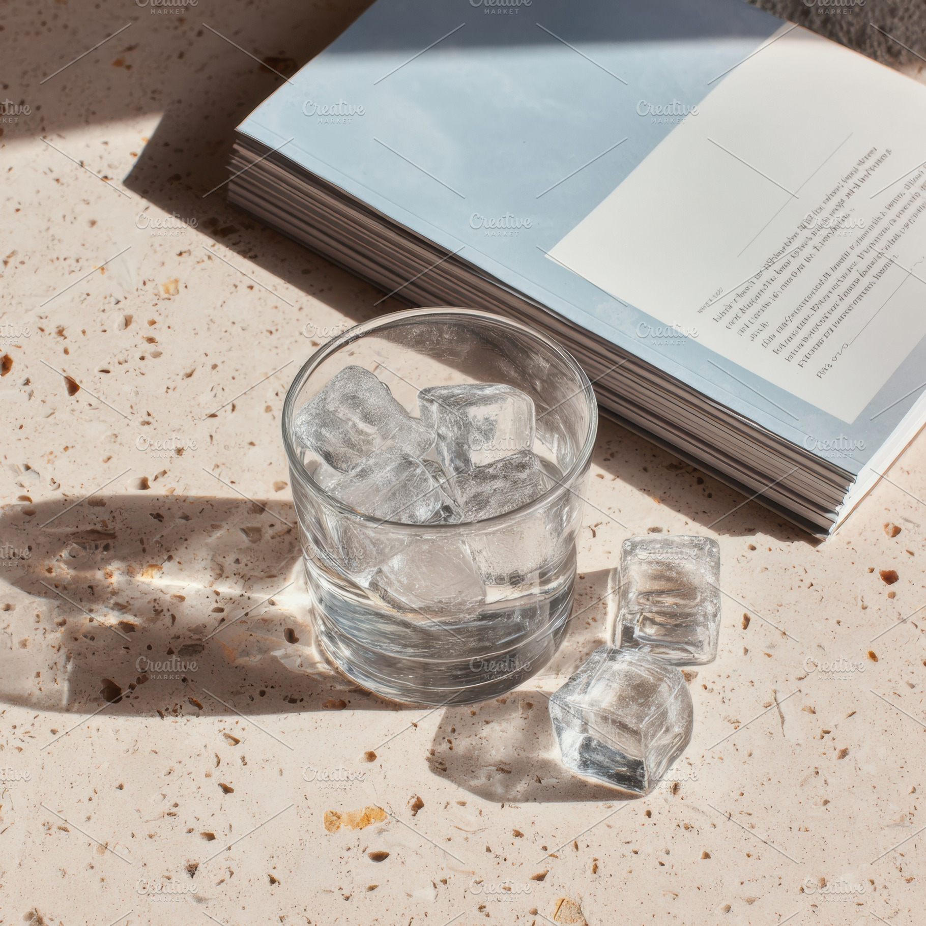 Ice cubes melting on terrazzo table, a Food & Drink Photo by Virgo Studio