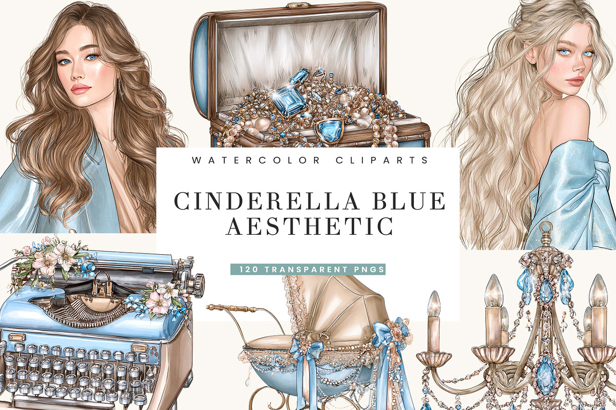 Cinderella Blue Aesthetic Clipart, a Seasonal Illustration by BusyDaydesign (Photo 1 of 9)