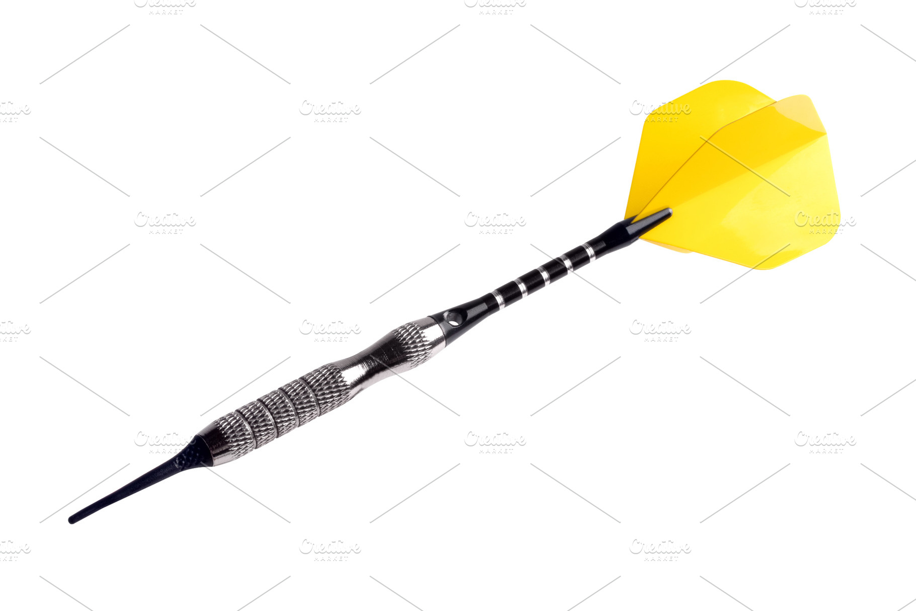 Close-up of a metal dart with a bright yellow flight, isolated o, a Sports & Recreation Photo by Ales Munt