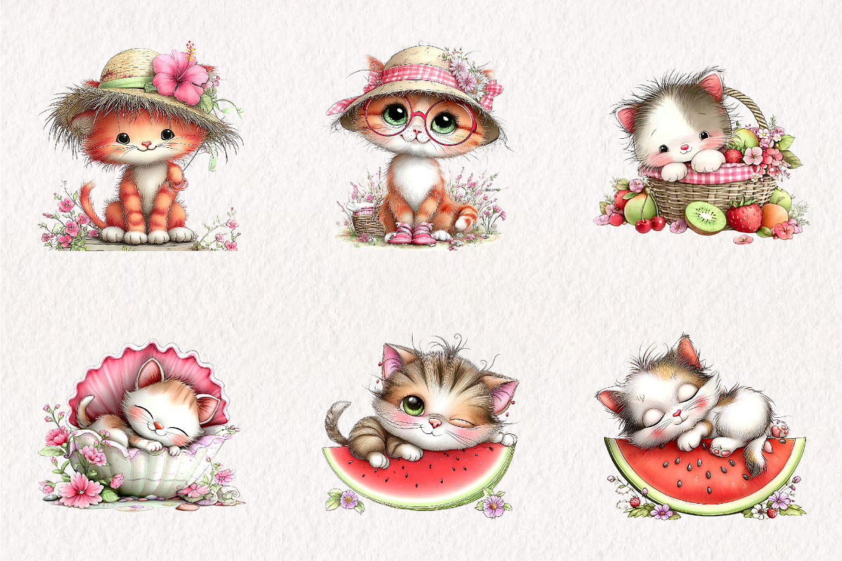 Whimsical Summer Cat Clipart, an Illustration by CreationArt (Photo 6 of 7)