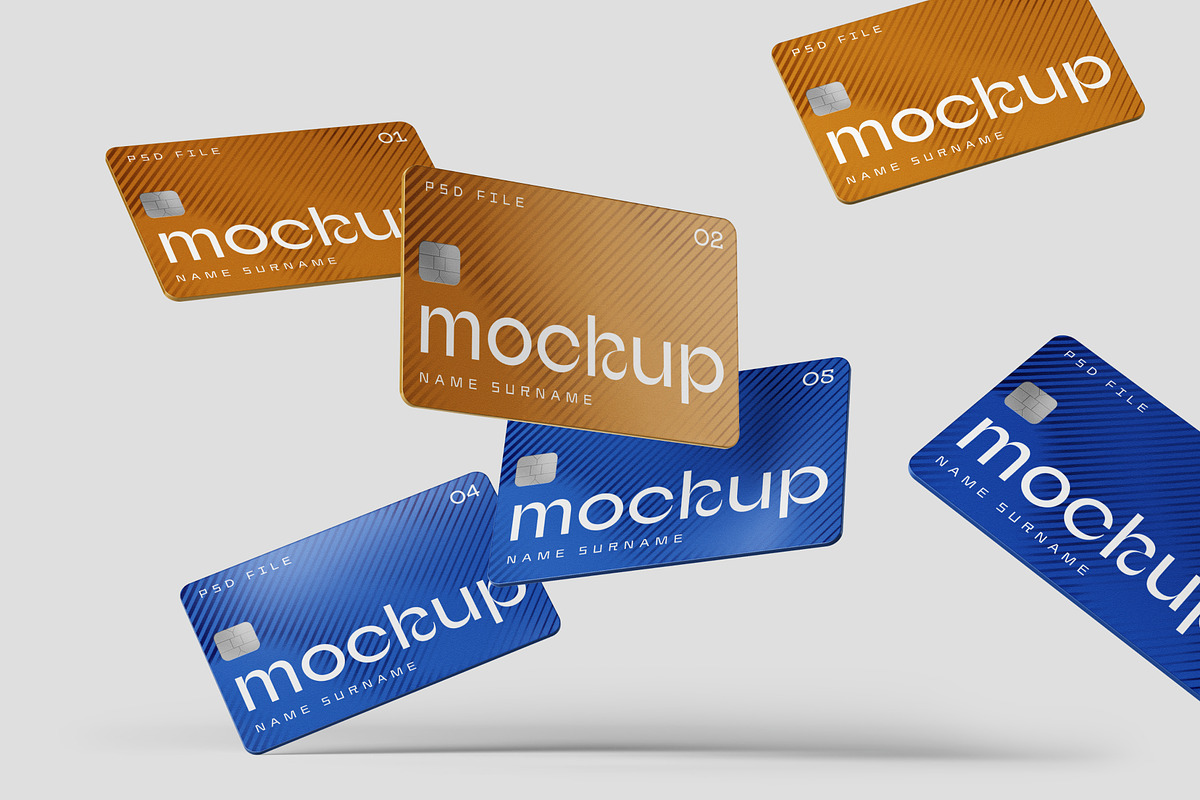 Flying Credit Cards Mockup Set, a Packaging Mockup by mockupatelier (Photo 6 of 6)