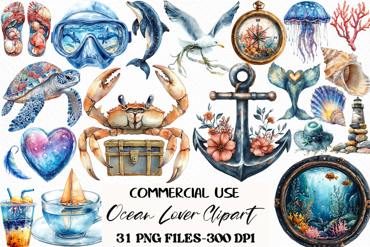 Watercolor Ocean Lover Clipart, an Illustration by Craft Nest (Photo 1 of 6)