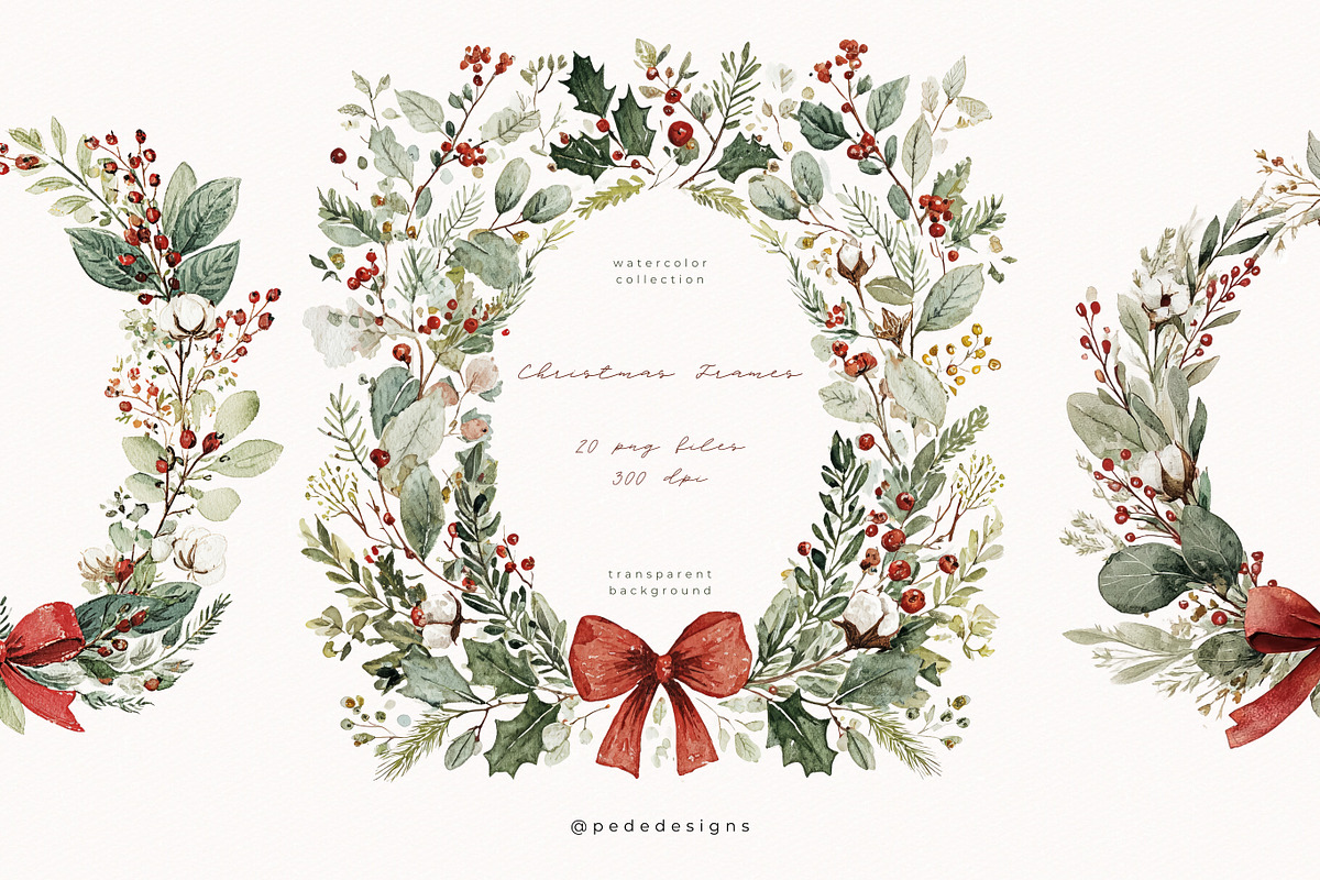 Watercolor Christmas Frames, a Seasonal Illustration by PeDe Designs (Photo 1 of 7)