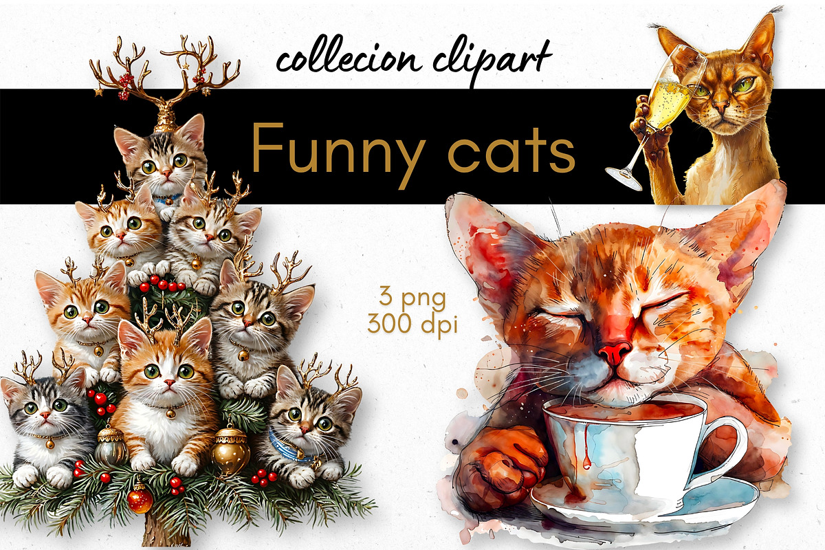 Funny Cats Collection – 3 PNG Images, an Animal Illustration by InkyQueenArt (Photo 1 of 5)