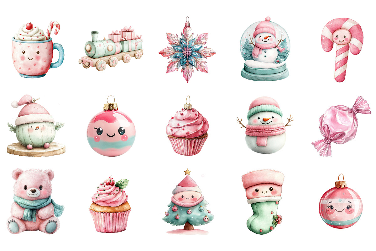 Kawaii Pink Mint Christmas Clipart, an Illustration by Designking (Photo 2 of 6)
