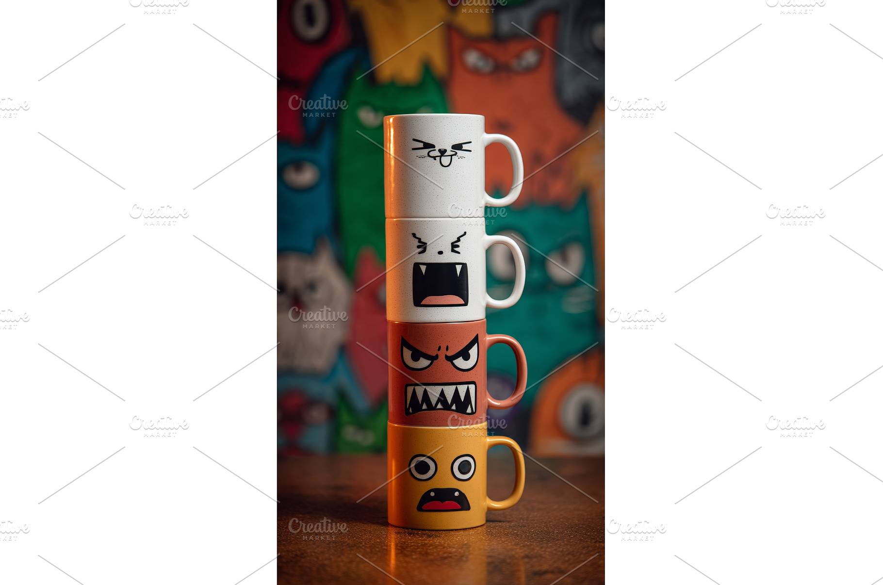 Quirky mugs featuring expressive, a Background Photo by ZinetroN