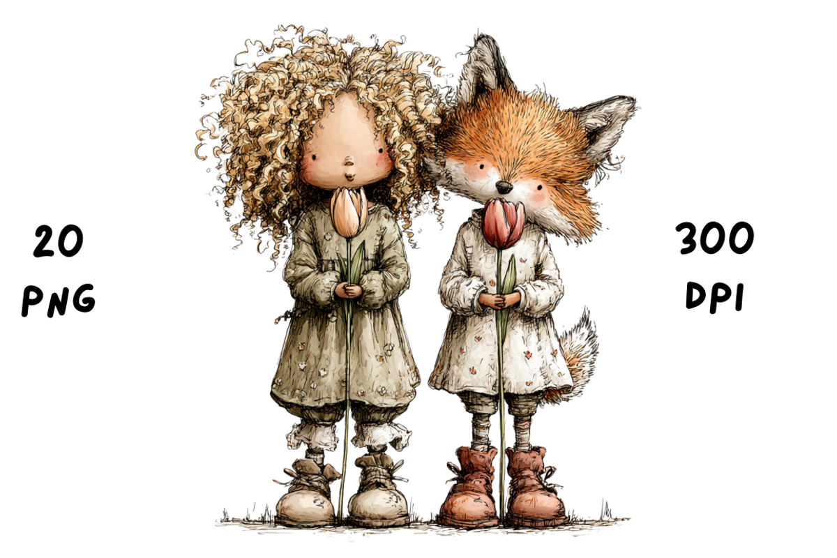 Whimsical Floral Girl & Fox Clipart, an Animal Illustration by GiraffeCreative (Photo 9 of 20)