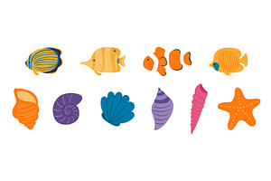 Coral reef fish, seashell, starfish, an Animal Illustration by sceptical cactus