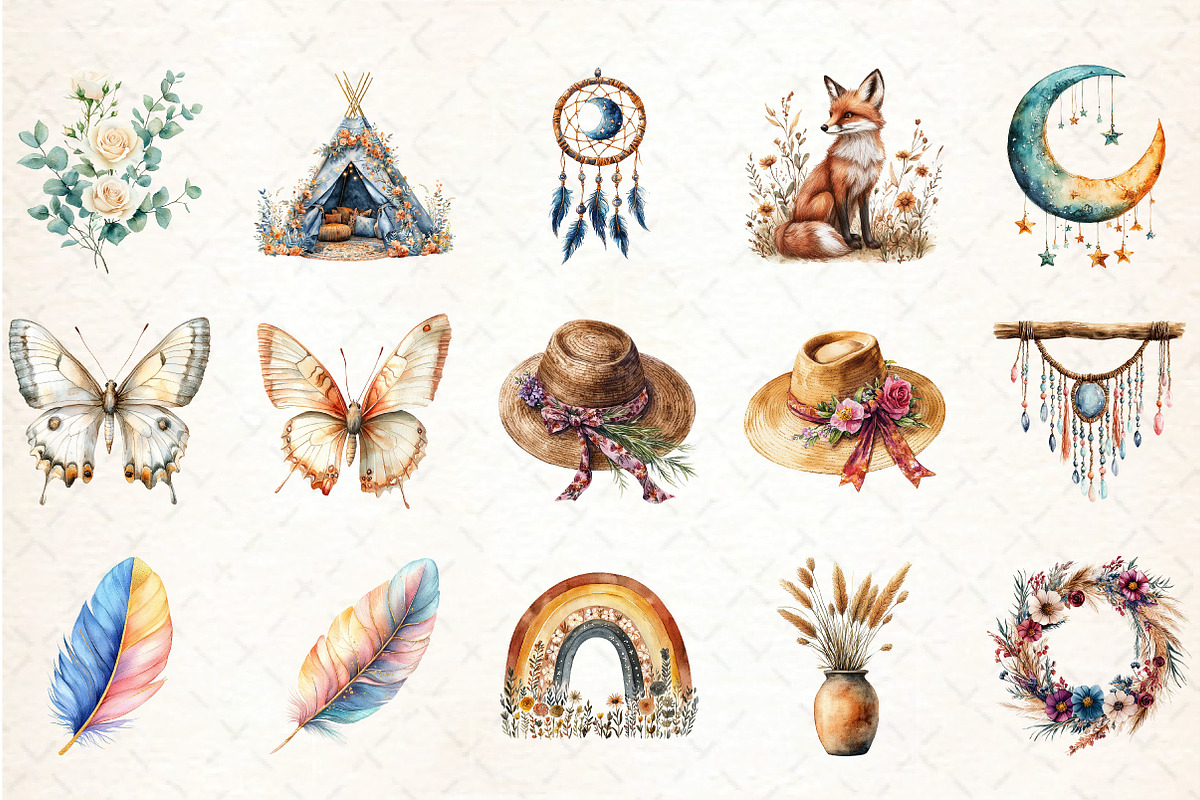 Watercolor Boho Clipart, an Illustration by DreamCafeArt (Photo 2 of 5)